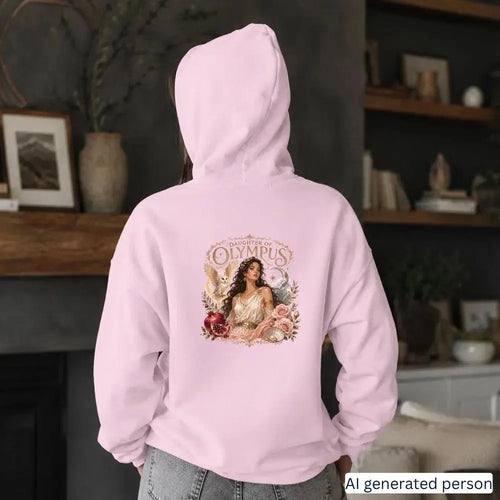 Daughter of Olympus Greek mythology hoodie in pink, back print of an illustrated goddess with an owl, pomegranate and moon