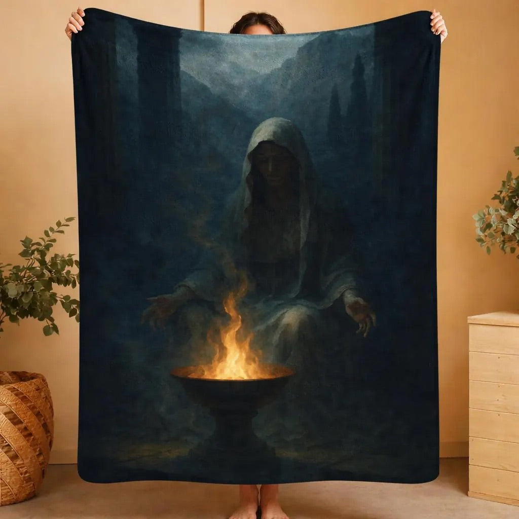 Hecate plush blanket depicting the goddess of magic in a hooded robe beside a flaming brazier