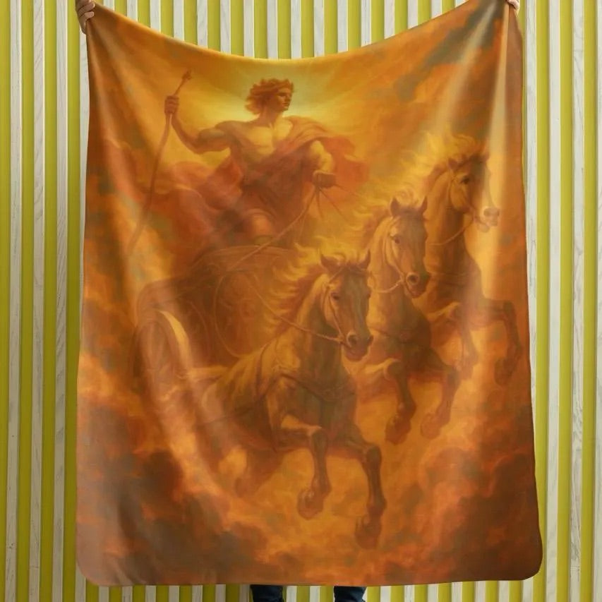 Helios plush blanket showing the sun god driving his fiery chariot pulled by golden horses