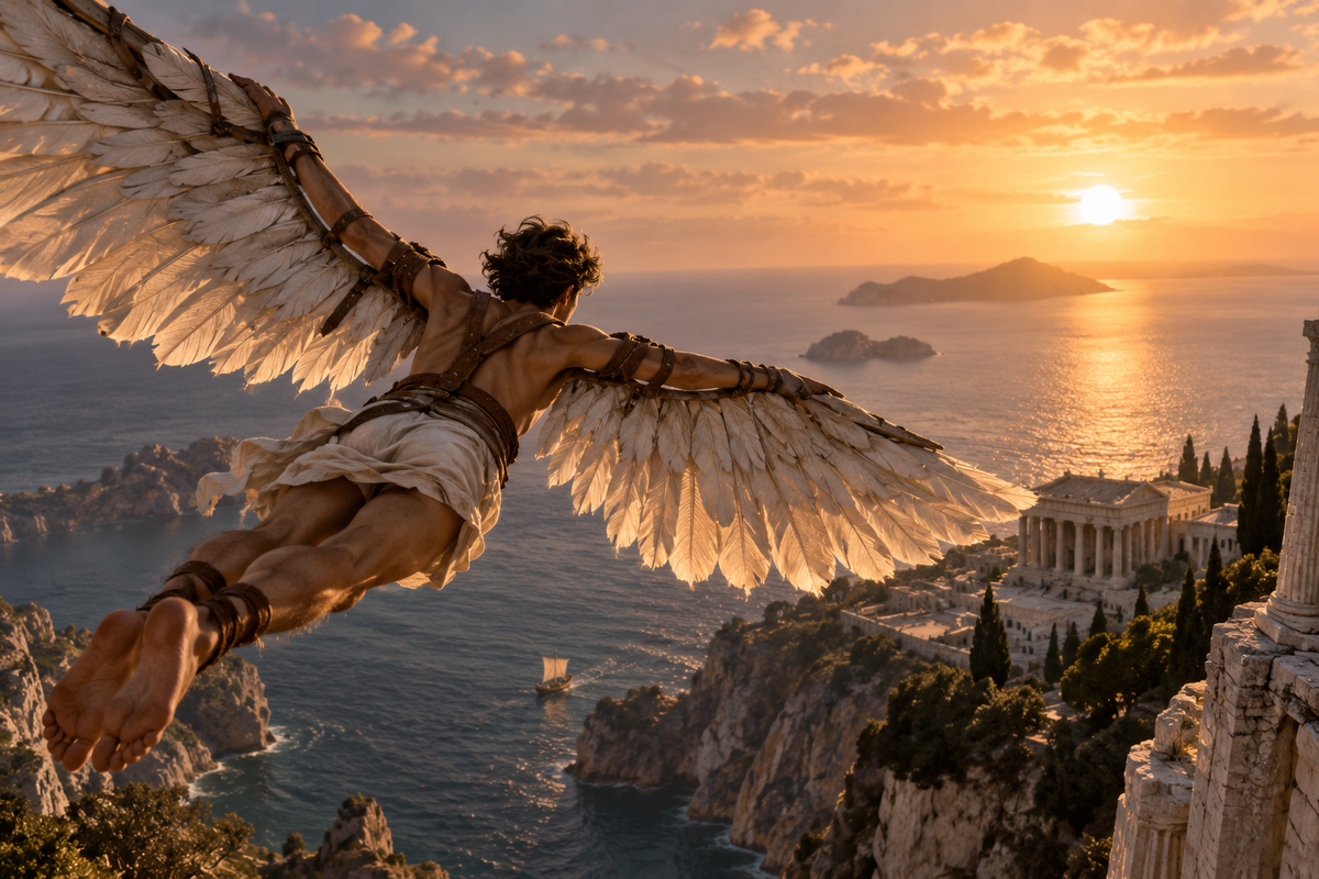 Icarus flying above an ancient Mediterranean coastline at sunset