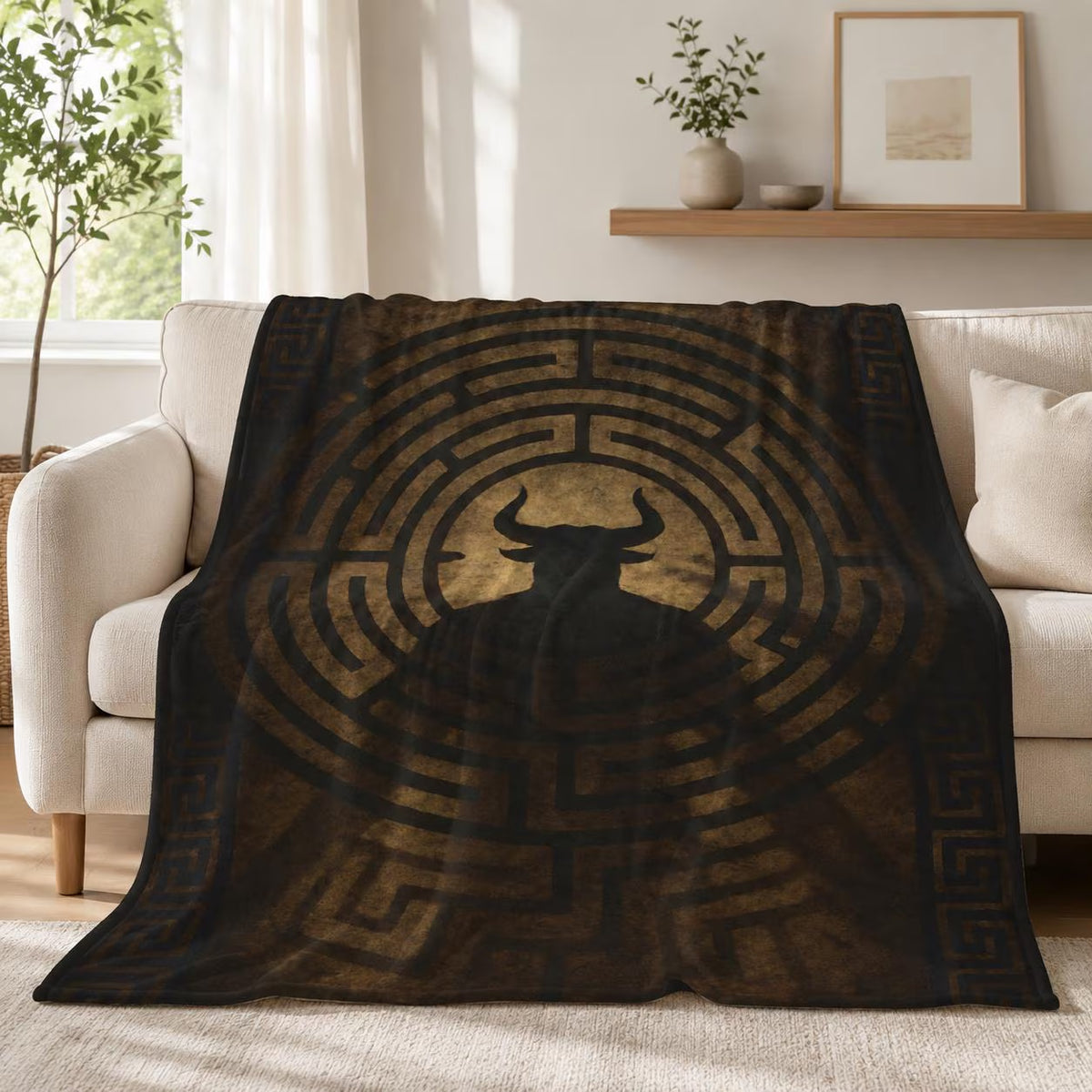 Minotaur plush blanket with the horned bull-headed figure at the center of a Greek labyrinth, draped over a sofa by a window
