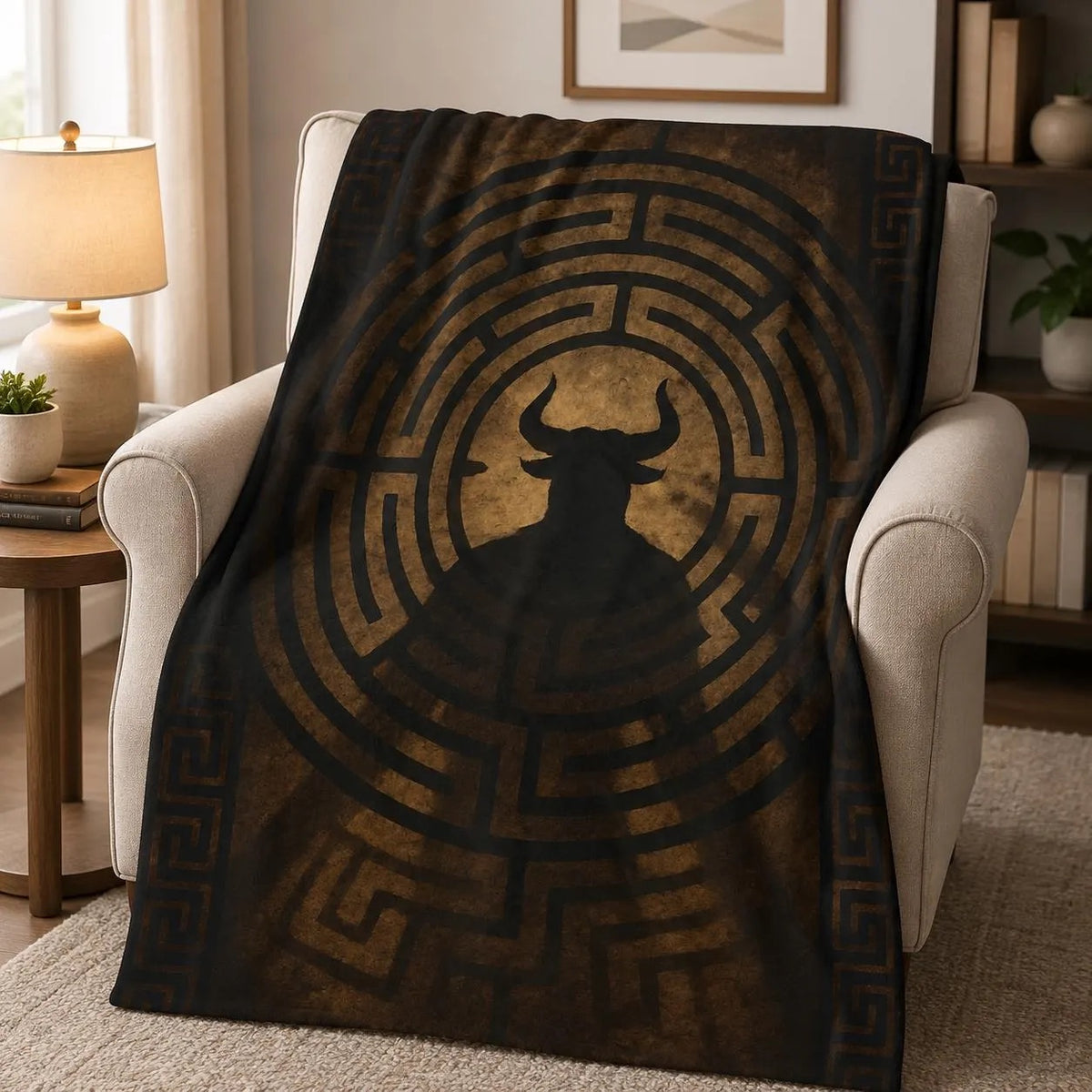 Minotaur plush blanket showing the bull-headed guardian in a maze with a Greek key border, draped over an armchair