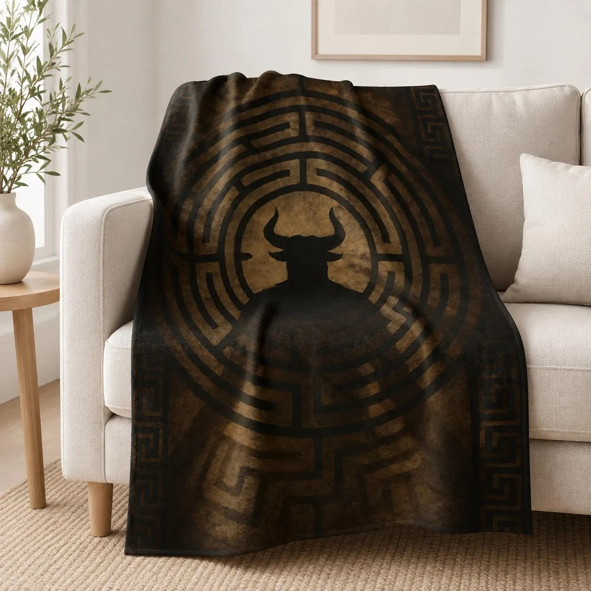 Minotaur labyrinth plush blanket with a gold and black maze design, displayed across a living room sofa