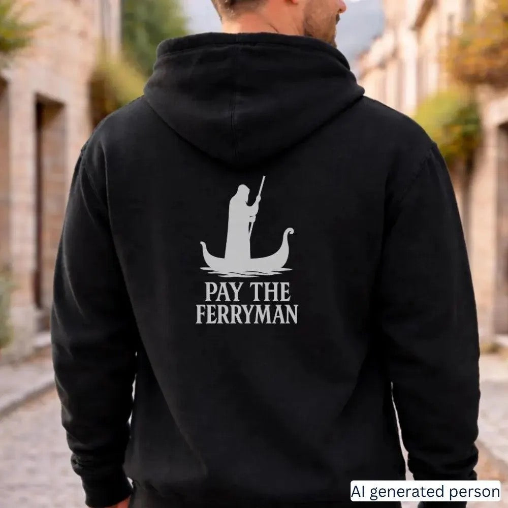 Pay the Ferryman Greek mythology hoodie in black, back print of Charon poling his boat across the underworld river