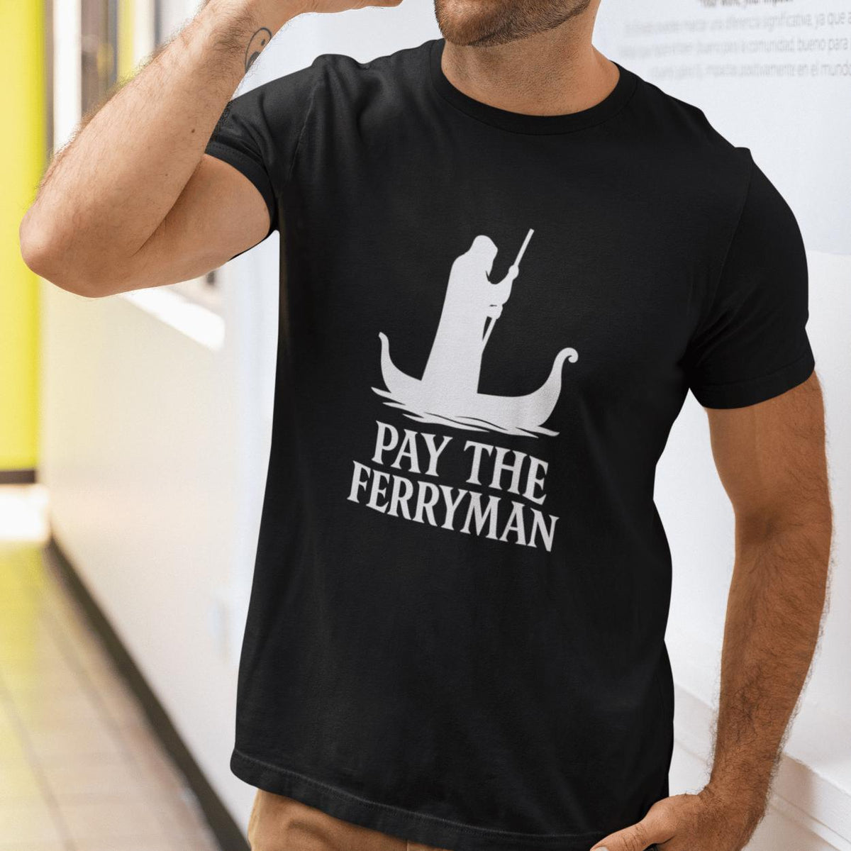 Pay the Ferryman Greek mythology t-shirt in black, front print of Charon poling his boat with the words Pay the Ferryman
