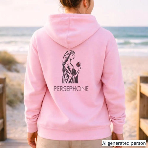 Persephone Greek mythology hoodie in pink, back print of a line-art goddess holding a pomegranate