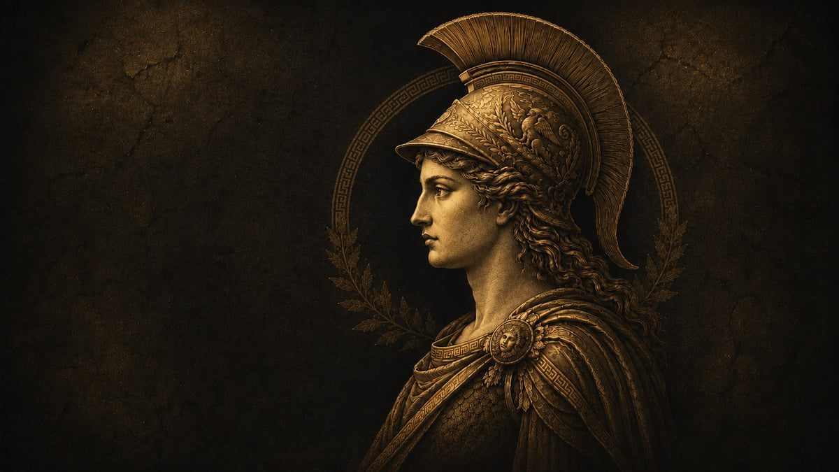 Athena in profile wearing a crested helmet, antique gold on dark, Promytheo hero