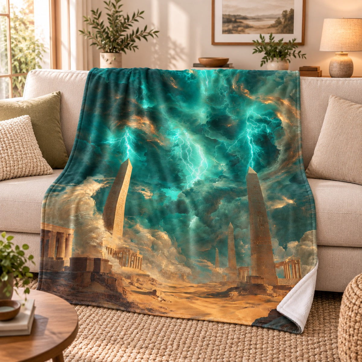 Set plush blanket showing the Egyptian god of storms and chaos with teal lightning striking golden obelisks over a desert temple