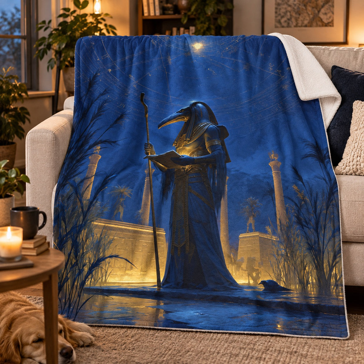 Thoth plush blanket depicting the ibis-headed god of wisdom writing beneath a starlit night sky by a temple